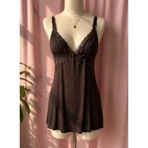 Eberjey Chemise Nightgown Brown Womens Large Lace Trim Babydoll Sleepwear PJs